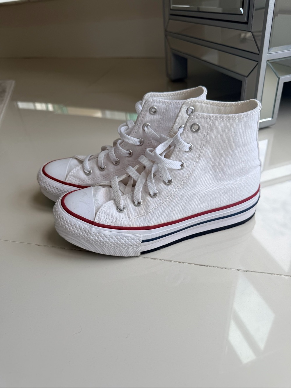 Converse White High-Top Kids Sneakers with Red & Navy Stripes